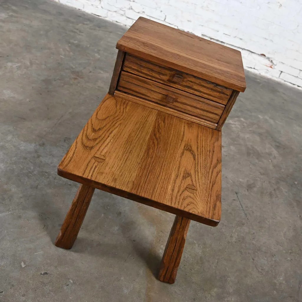 Vintage Rustic Ranch Oak Step End Table With 2 Drawers & Acorn 