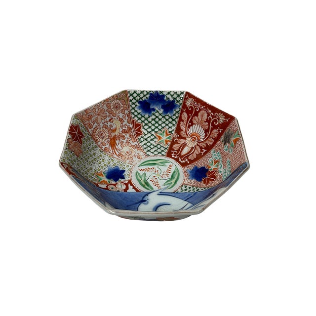 Ceramic Vintage Oriental Imari Octagonal Palette Graphic Porcelain Bowl Art For Sale - Image 7 of 9
