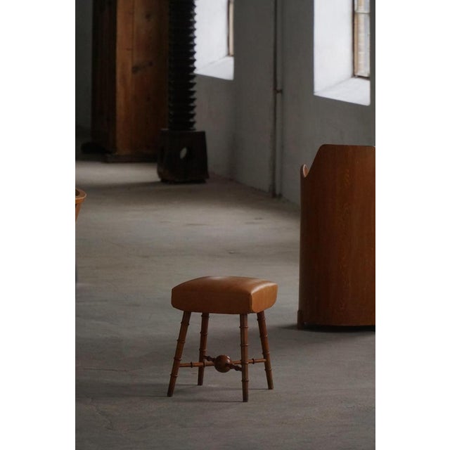 Vintage Danish Turned Wood Stool with Leather Seat, 1930s For Sale - Image 3 of 13
