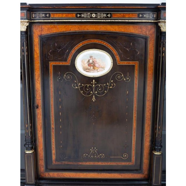 Victorian Sideboard Cabinet in Ebony, Walnut and Porcelain For Sale - Image 3 of 5