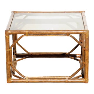 1970s Boho Chic Rattan / Bamboo & Glass Coffee Table For Sale