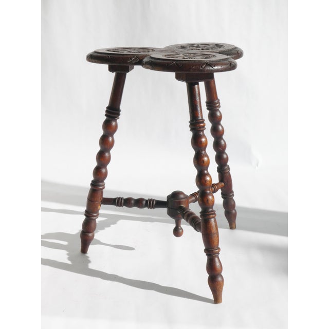 Wood Antique Oak Wooden Side Table with Floral Carved Bobbin Leg and Pedestal Trefoil Top, 1920s For Sale - Image 7 of 11