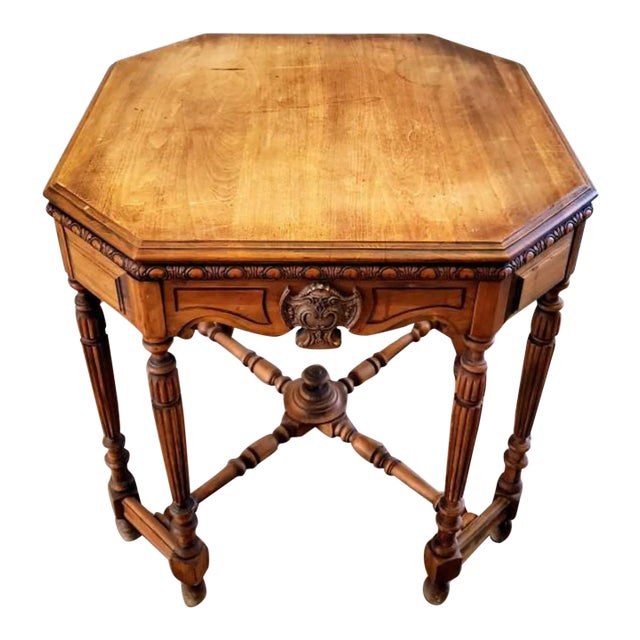 Antique American Victorian Carved Walnut Octagonal Parlor Table For Sale