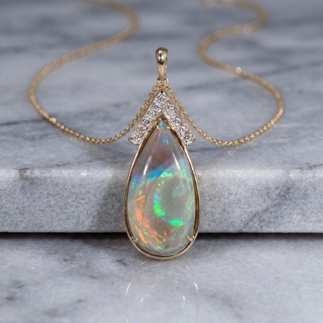 Mid Century 14k Two Tone Grey Based Opal and Diamond Pendant For Sale In Cincinnati - Image 6 of 6