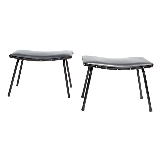 Pierre Guariche French Black Benches Steel & Distressed Faux Leather 1960 - A Pair For Sale