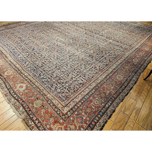 Textile 19th Century Oversized Persian Farahan, Hand-Knotted Wool, Allover Herati Geometric Pattern, Navy & Red, 14x18 For Sale - Image 7 of 18