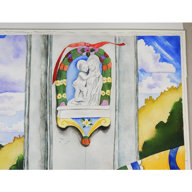 1991 Surreal Window Ocean View Watercolor Painting For Sale - Image 4 of 6
