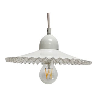 Vintage Belgian Fluted Porcelain Shade Pendant Lights - a Pair For Sale