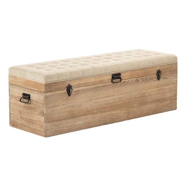 Stockage Storage Bench with Tufted Natural Linen Top For Sale
