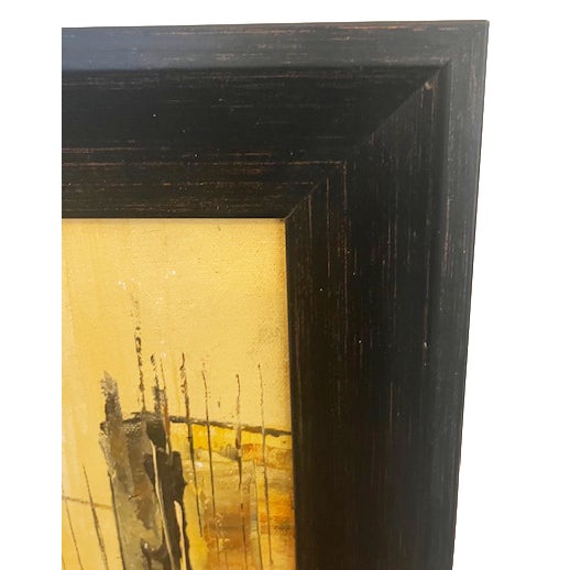 Vintage mid-century abstract cityscape painting in shades of yellow & black. Painting in excellent original condition. New...