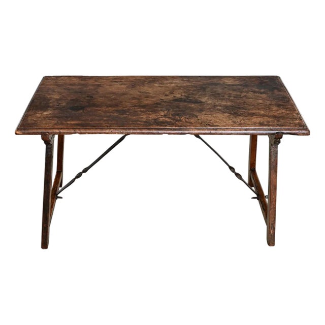 Spanish 18th Century Single Plank Top Walnut & Iron Table For Sale