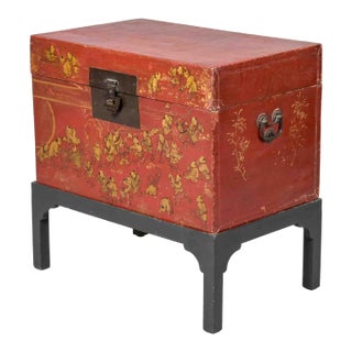 19th Century Chinese Red Lacquer Trunk on Stand With Gilt Decoration For Sale