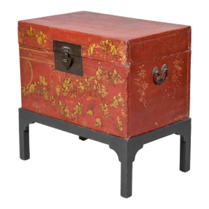 19th Century Chinese Red Lacquer Trunk on Stand With Gilt Decoration