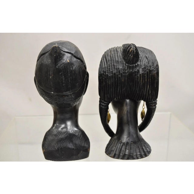 Vintage African Carved Ebony Wood Male and Female Bust Statue Sculptures- Set of 2 For Sale - Image 9 of 10