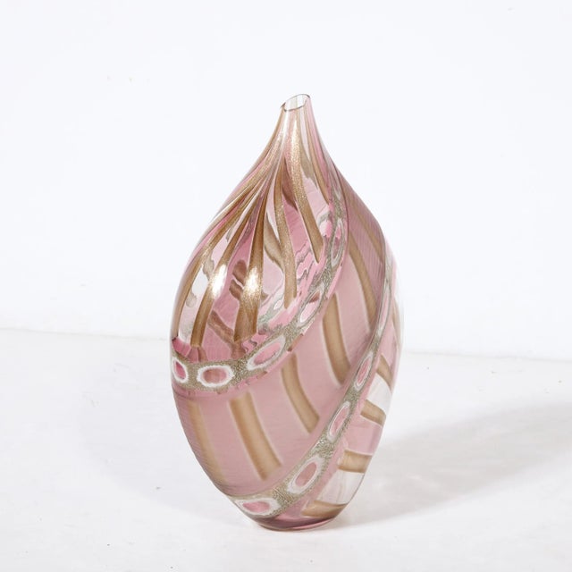 Glass Mid-Century Hand-Blown Amethyst Murano Glass Vase W/ 24k Rose Gold Striations For Sale - Image 7 of 12