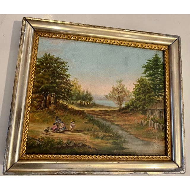 A nice old oil on board of a landscape with people in the foreground. Fine details and colors.