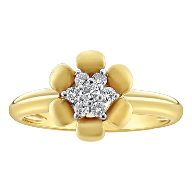 Diamond Flower Shaped Ring with Satin Finish Petals 14k Yellow Gold, Size 4 For Sale
