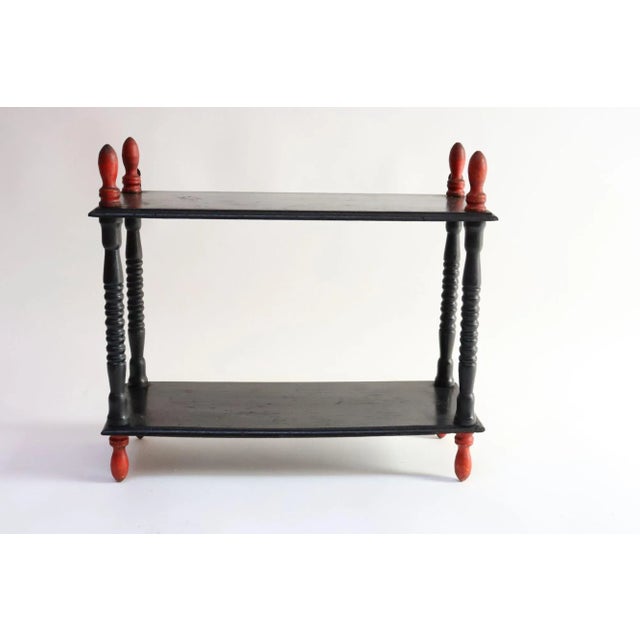 Vintage Diminutive Black Lacquered Table or Wall Shelf With Carved Red Finials For Sale - Image 17 of 18