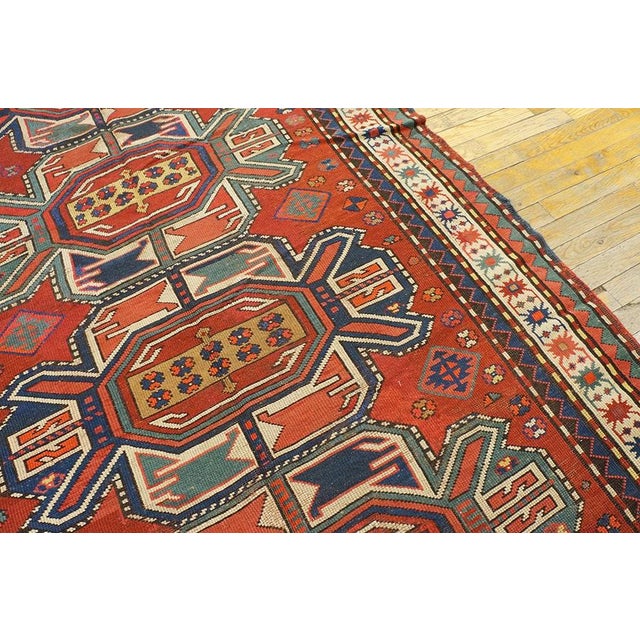 1930s Ruby Red Geometric Tribal Antique Caucasian Kazak Carpet 4' 8'' X 9' 6'' Knotted Wool Rug For Sale - Image 9 of 13