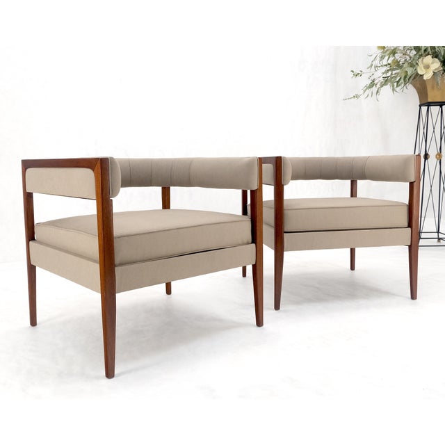 Pair New Alcantera Upholstery Walnut Cube Shape Barrel Back Lounge Chairs MINT! For Sale - Image 12 of 13