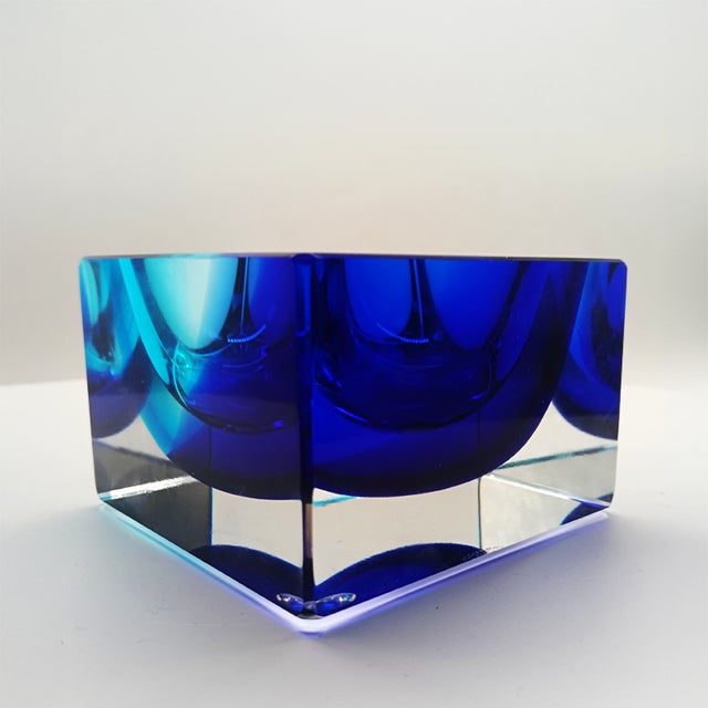 Square Ashtray or Catch-all in Murano Glass by Flavio Poli for Seguso. Stunning Dark Blue and Sky Blue Submerged colors....