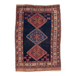 Antique Caucasian Geometric Floral Medallion Navy Red Rug Wool Low Pile Hand-Knotted - 4’2” X 6' For Sale