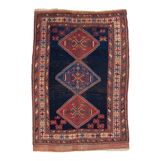 Antique Caucasian Geometric Floral Medallion Navy Red Rug Wool Low Pile Hand-Knotted - 4’2” X 6' For Sale