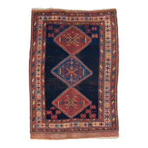 Antique Caucasian Geometric Floral Medallion Navy Red Rug Wool Low Pile Hand-Knotted - 4’2” X 6'