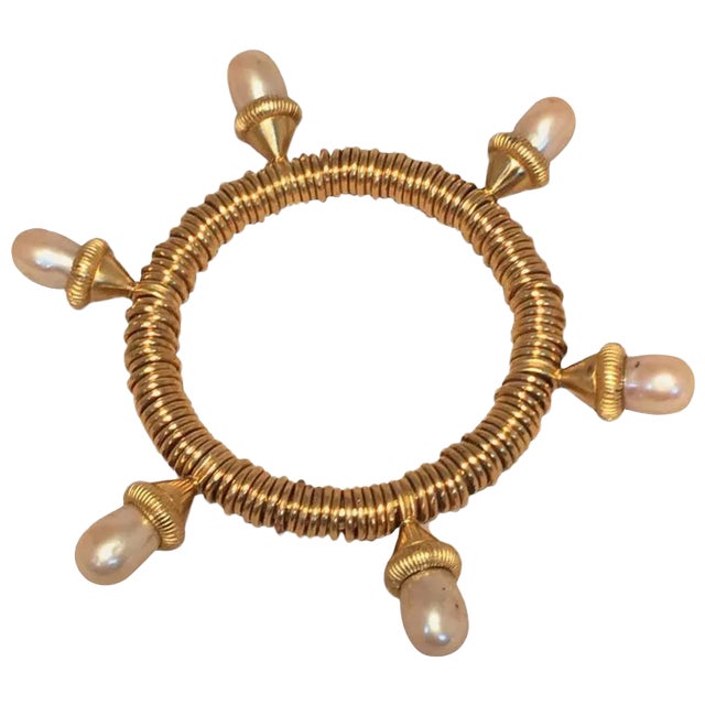 Kenneth Jay Lane Vintage Wire Wrapped Pearl Drop Bangle Bracelet For Sale