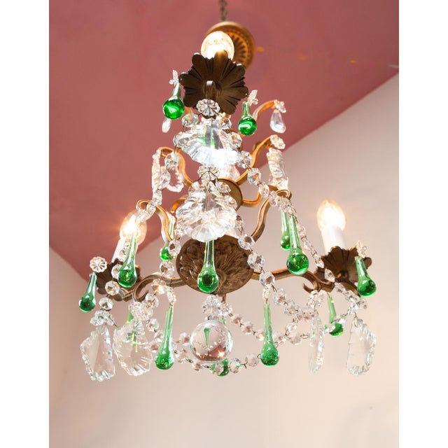 Antique French Chandelier with Bronze Drops and Green Crystal, 1960s For Sale - Image 6 of 9