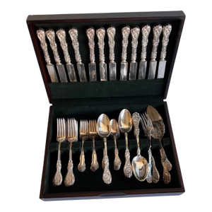 Antique 1908 Wm a Rogers Glenrose Silverware Set, 12 Old French Place Settings + 5 Serving Pieces, Nickel Silver Hollowware- 53 Pieces