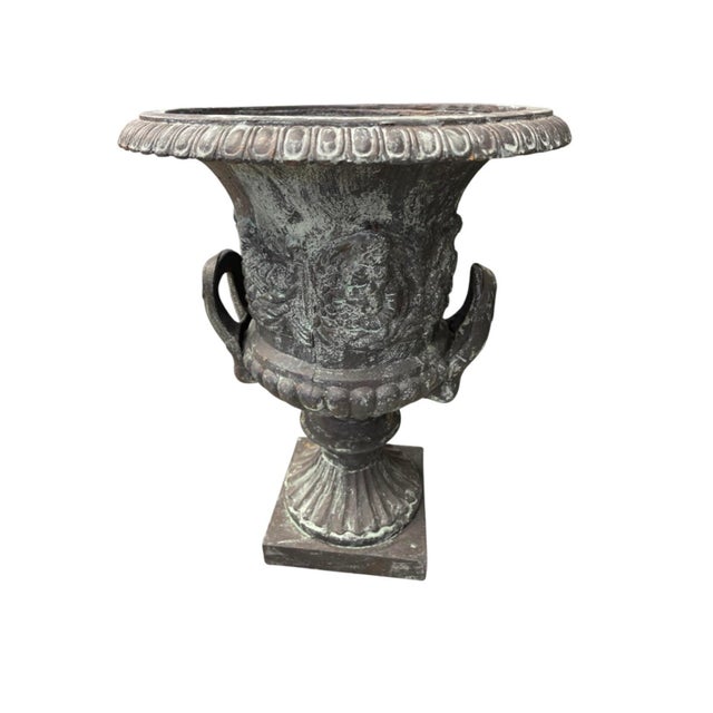 2000 - 2009 Pair of Vintage Neoclassical Cast Iron Urn Planters in Aged Bronze & Verdigris Finish For Sale - Image 5 of 12