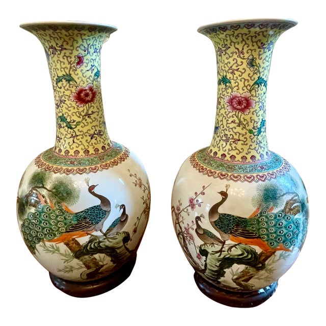 Pair of Large 23” Chinese Jingdezhen Famille Rose Porcelain Peacock Vases on Wood Stands For Sale