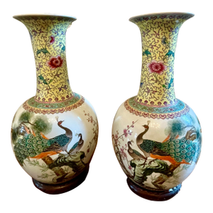 Pair of Large 23” Chinese Jingdezhen Famille Rose Porcelain Peacock Vases on Wood Stands