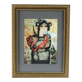 "The Maiden and the Rooster" - Persian Portrait of a Maiden, Mixed Media Print, Signed by Ovissi For Sale