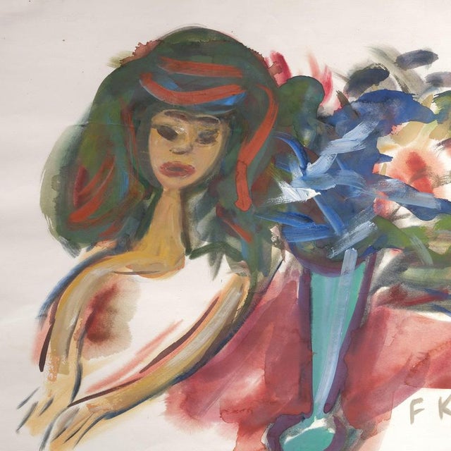 Friedrich Karl Gotsch, Hanne Next to a Vase of Flowers, Watercolor For Sale - Image 4 of 7