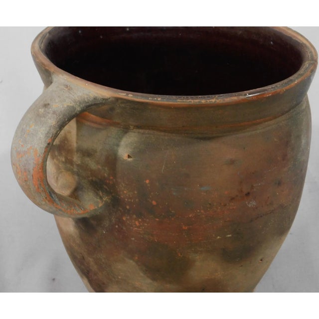 Mid 19th Century Antique Redware Storage Crock Bean Pot Glazed 18th 19th C. Pennsylvania Oval Primitive Incised Strap Handle Cooking Storage For Sale - Image 5 of 8
