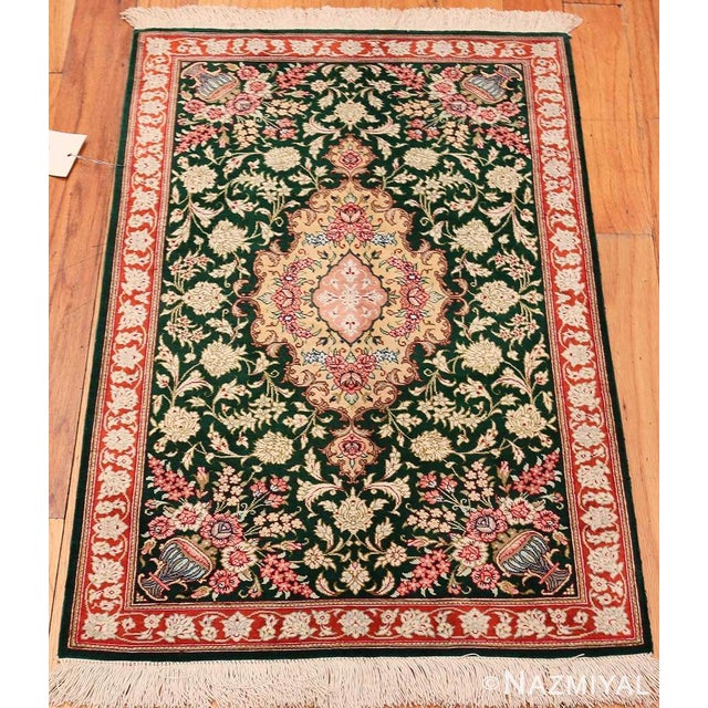 Nazmiyal Collection Vase Green Floral Vintage Persian Silk Qum Rug For Sale - Image 4 of 5