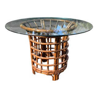 1980s Boho Chic Modern Rattan Wicker Glass Top Dining Table For Sale