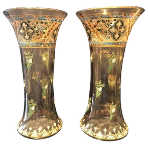 Antique Palatial French Jeweled Vases or Urns Emile Galle Style - a Pair