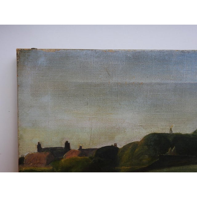 Early 20th century oil on canvas pastoral painting of landscape with village and sheep. Unsigned. Unframed, edge wear,...