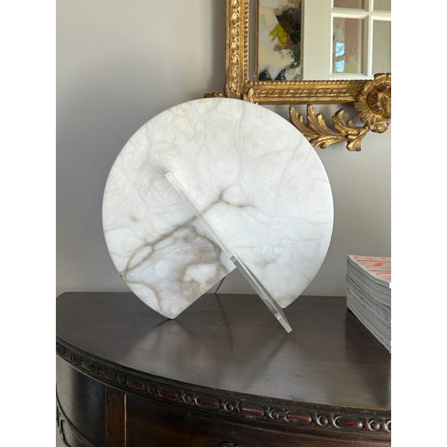 Midcentury circular marble and lucite table lamp. Beautiful whether turned on or off (note how the marble is illuminated...