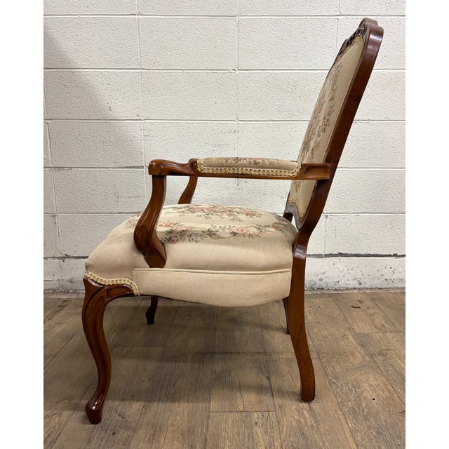Vintage French Louis XV Regency Style Carved Needlepoint Upholstered Armchair For Sale - Image 10 of 12