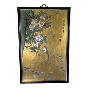 Early 20th Century Gold Painted Chinese Wood Carved Relief Panel Bird Koi and Floral Motif