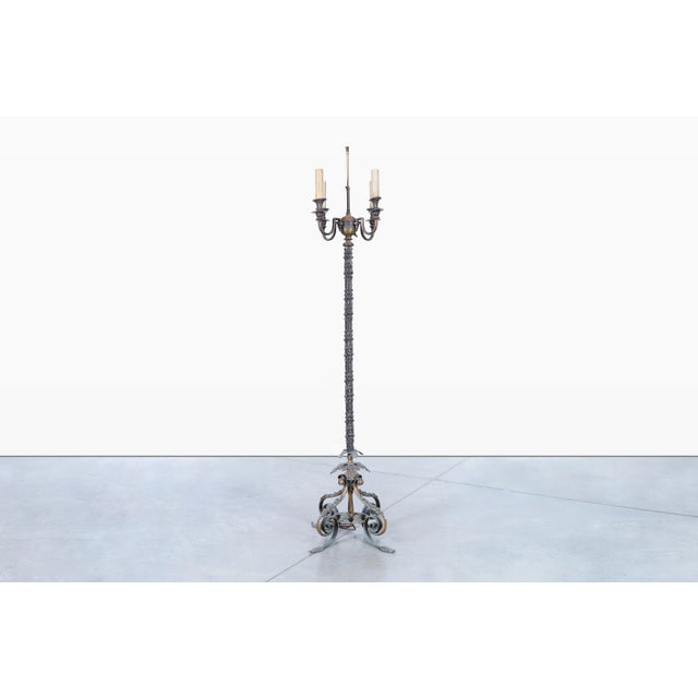 Antique 19th-century French Gothic Revival Bronze Candelabra Floor Lamp, masterfully crafted with exceptional attention to...