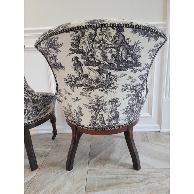 Antique Victorian Toile Upholstered Parlor Slipper Chairs on Casters – A Pair For Sale - Image 15 of 17