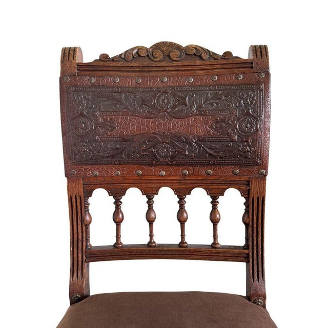 Antique 19th Century French Henry II Style Walnut Dining/Side/Accent Chairs With Suede Upholstery - Set of 2 For Sale - Image 10 of 11