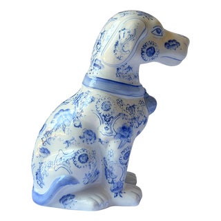 Vintage Blue and White Chinoiserie Staffordshire Style Dog Figurine For Sale