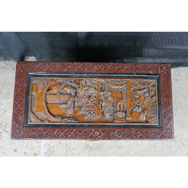 Mid Century Chinese Carved Elm Trunk Hope Chest Coffee Table Camphor Chinoiserie For Sale - Image 4 of 18