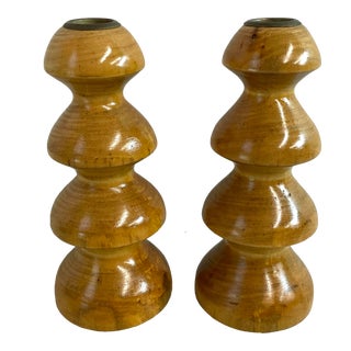 Vintage Hand Turned Light Wood Candlesticks - a Pair For Sale